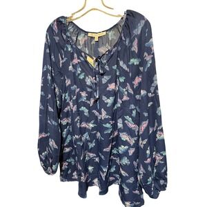 Daisy Fuentes Butterfly Print Peasant Blouse Long Sleeve Tie Neck Plus Size 3X